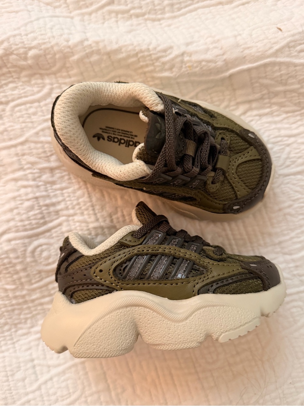 adidas Ozmillen Olive Green and Cream Chunky Sneaker (4 toddler)